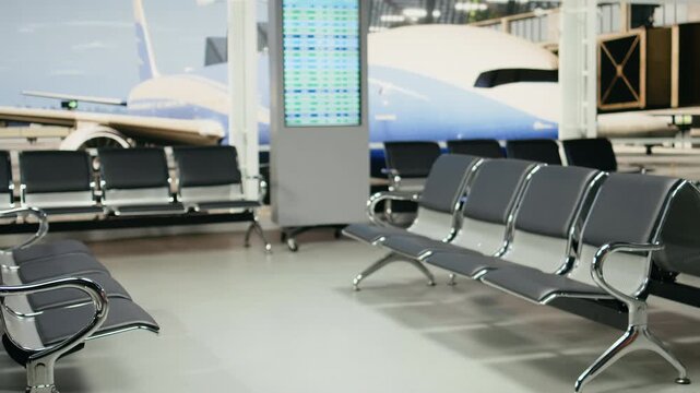 Empty airport terminal with modern seating and large windows overlooks the runway, showing a quiet departure waiting area with no passengers or luggage before boarding inside the travel hub.