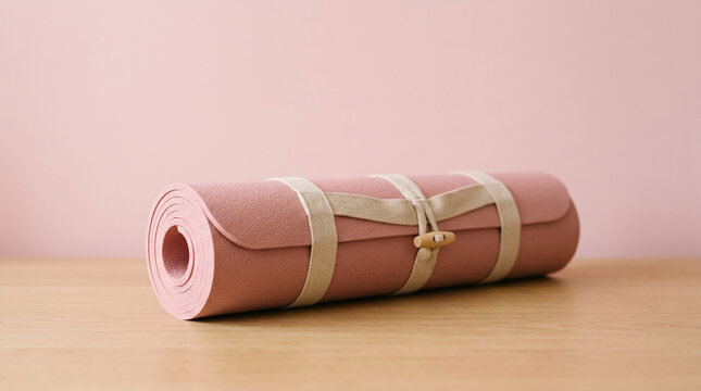 Rolled pink yoga mat on a wooden surface, its textured material and simple straps evoke a sense of calm and readiness for exercise
