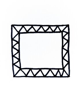 Hand drawn geometric square frame in black ink featuring repeating triangle motifs on a clean white background for invitations, posters, scrapbooking, and art projects.