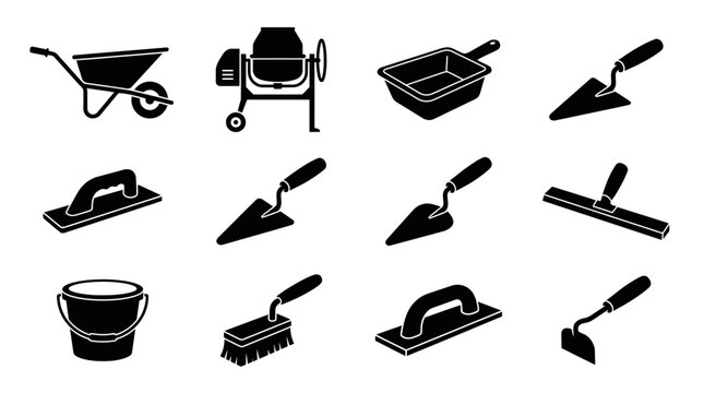 Set of black silhouette construction tools for masonry and building work.