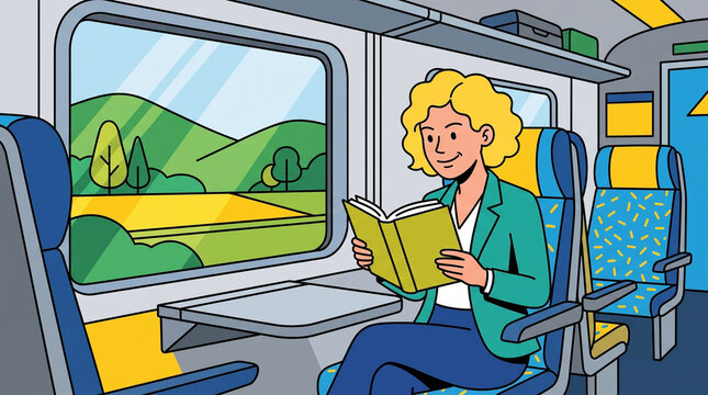 Woman reading yellow book inside modern passenger train near window vector illustration