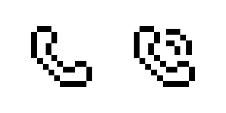 Pixel phone icons set, 8-bit handset and active call symbols, retro blocky communication UI icons
