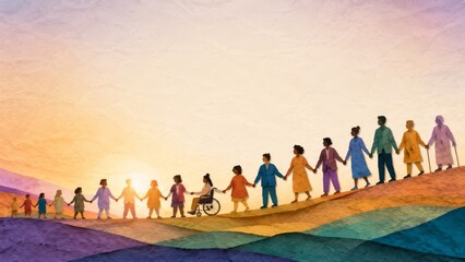 Naklejka premium Diverse group of people holding hands across a colorful rolling landscape at sunrise, silhouetted in unity and inclusion with multigenerational figures and a person in a wheelchair