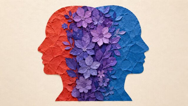 Two contrasting human silhouettes in red and blue facing away with an intricate vertical bouquet of purple flowers and leaves between them, evoking balance, emotion, and growth