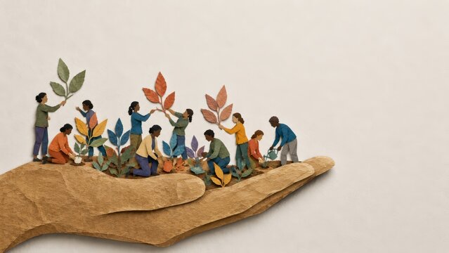 Paper-cut illustration of diverse miniature people tending colorful plants and seedlings on an oversized paper hand, symbolizing community care, growth, nurturing, sustainability
