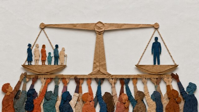 Paper-cut illustration of a balance scale held up by many hands, with a diverse group outweighing a lone silhouetted figure, representing social inequality and collective solidarity
