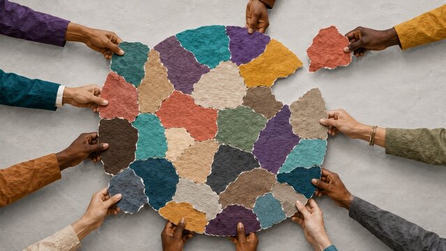 Diverse hands collaboratively assembling colorful torn-paper puzzle pieces into a circular map-like composition symbolizing teamwork, unity, inclusion and global cooperation