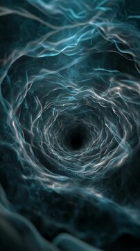 Abstract swirling vortex with glowing blue electric energy and dark center.