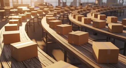 Fototapeta premium Cardboard Boxes on Curved Wooden Benches in Sunny Courtyard