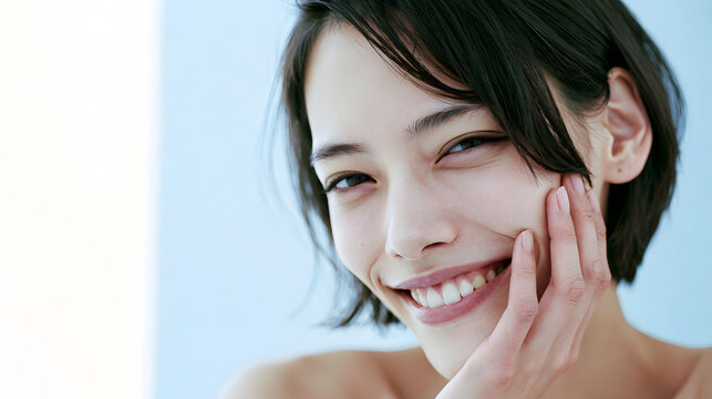 淡いブルーホワイト背景で頬に手を添えて微笑むショートボブの若い日本人女性の清潔感あるスキンケア美容ポートレート