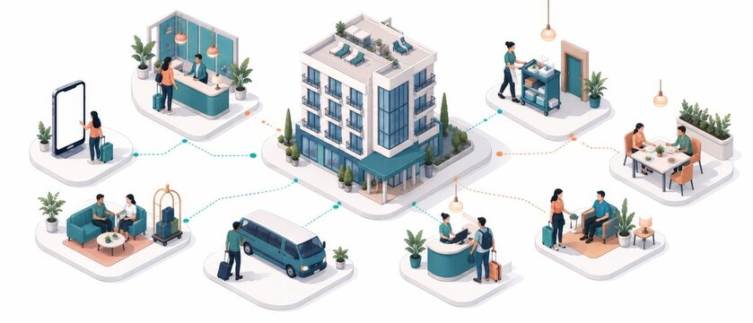 Isometric illustration of a hospitality ecosystem centered on a boutique hotel building with reception, checkin, shuttle, dining, housekeeping, coworking and guest services