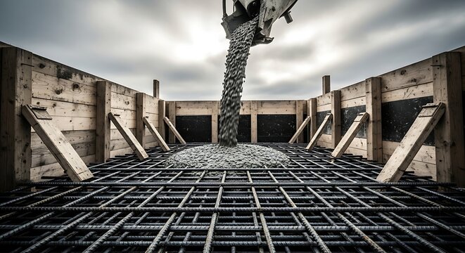 Industrial Construction Site Pouring Concrete Into Foundation