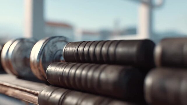 Heavy iron dumbbells on gym floor surface.