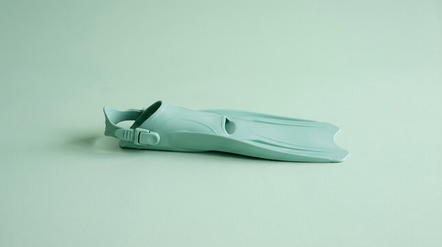 Single light blue swim fin placed on a plain light blue background, representing aquatic sports and summer vacation