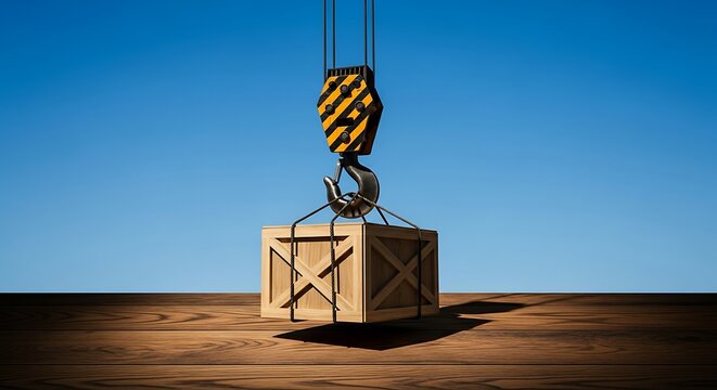 Crate Being Lifted by Crane Hook in Clear Blue Sky