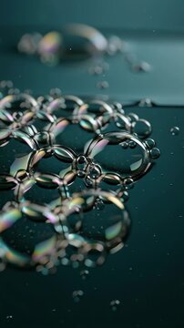 Close-up of shiny metallic chain links on reflective surface with blurred background.