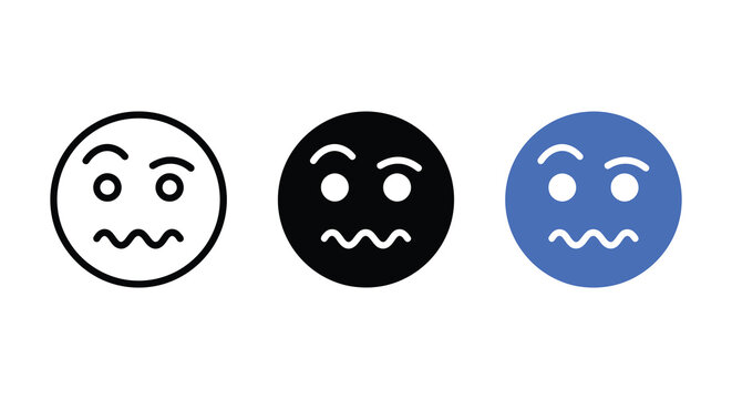 Confused face icon design in three color variations featuring a flat silhouette confusion perplexed uncertain doubtful questioning hesitant