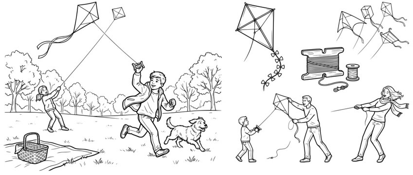 park kite flying children running grass - Family flying kites together in a park on a sunny day  
