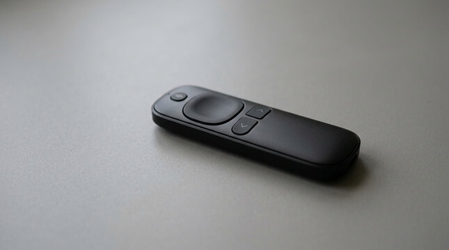 Black remote control with subtle buttons on a neutral, textured surface, representing convenience and modern technology, suitable for media or smart home concepts.