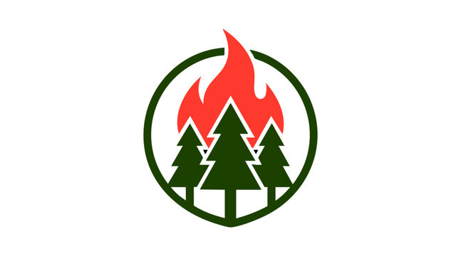 Forest fire icon with pine trees. Wildfire symbol for environmental disaster warning.