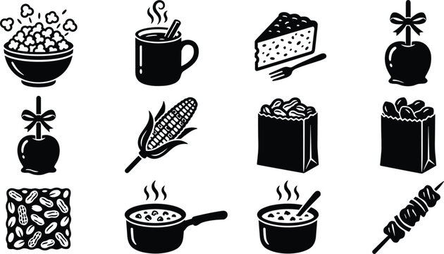 Festa Junina Traditional Brazilian June Festival Food Silhouette Vector Set with Corn, Popcorn, Candy Apple, Peanuts, and Sweet Dessert Icons for Graphic Designs