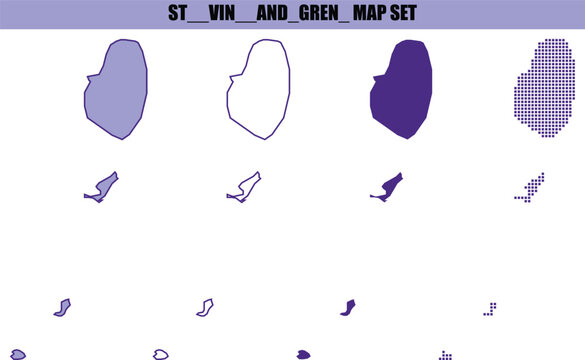Set of four different ST-VIN-AND-GREN map icons featuring various purple color styles and outlines for professional infographic design and web presentation