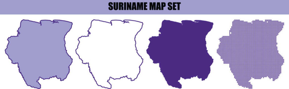 A set of four stylized maps of suriname featuring different artistic designs including solid colors outlines and horizontal line patterns for graphic projects