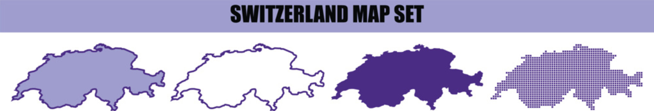 A set of four stylized maps of switzerland featuring different artistic designs including solid colors outlines and patterned graphic textures