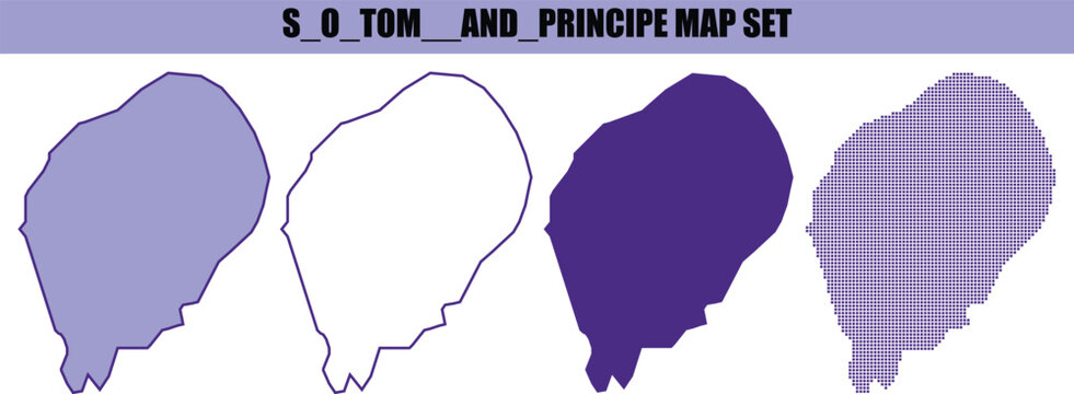 A collection of four stylized maps of sao tome and principe featuring solid purple outline and striped graphic design elements