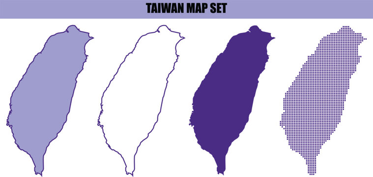A collection of four different artistic map illustrations of taiwan featuring various purple color schemes and outline styles for graphic design projects