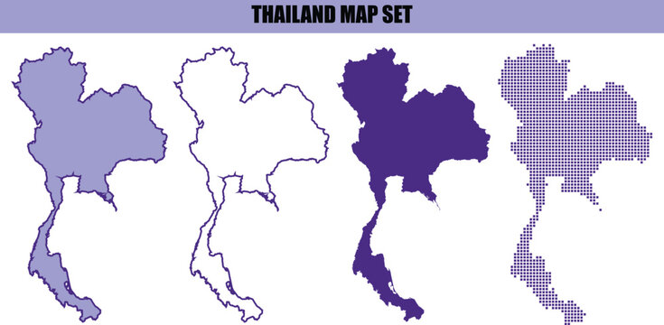 Set of four different thailand map designs featuring outline silhouette and various purple color styles for infographic and presentation graphic design projects