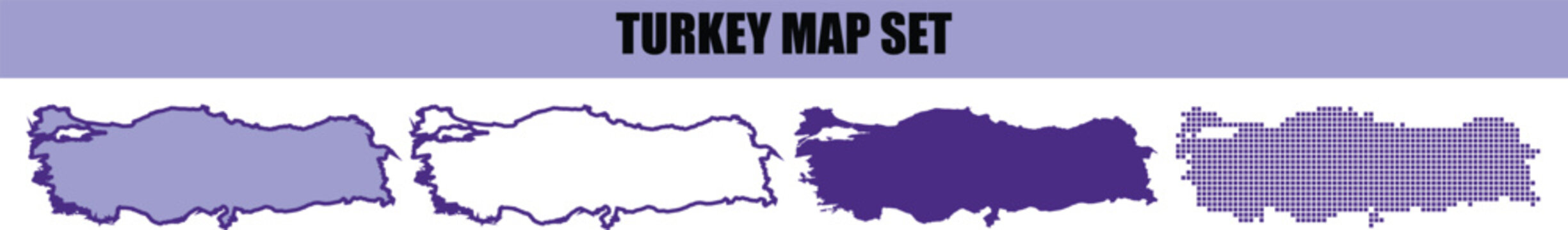 A set of four different styles of turkey country maps including outline silhouette solid color and grid pattern designs for various projects