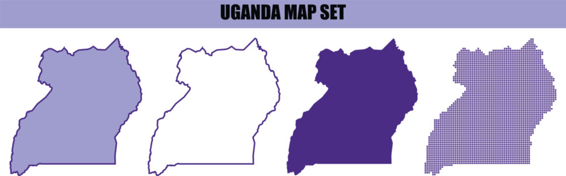 A collection of four different stylized map designs of uganda featuring solid outline purple and dotted patterns for various creative design projects