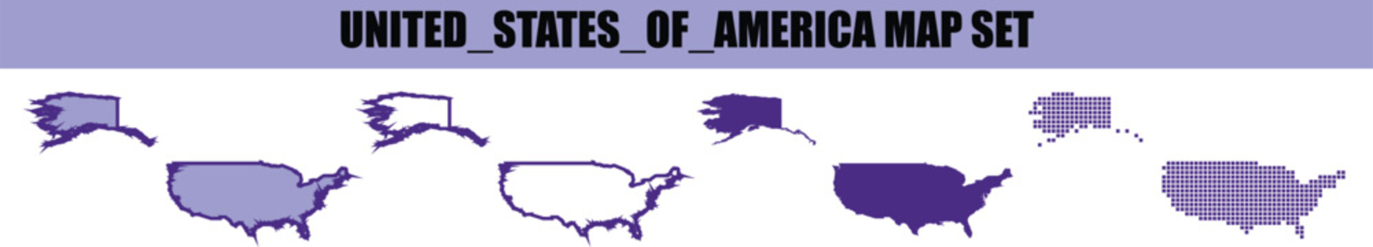A collection of various united states of america map shapes displayed in a horizontal row for graphic design and educational projects