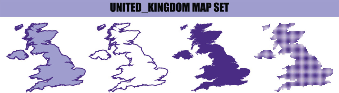 A collection of four stylized graphic map illustrations of the united kingdom featuring different artistic textures and purple color variations