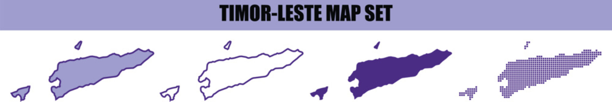 A collection of four stylized graphic map illustrations of the Timor leste featuring different artistic textures and purple color variations