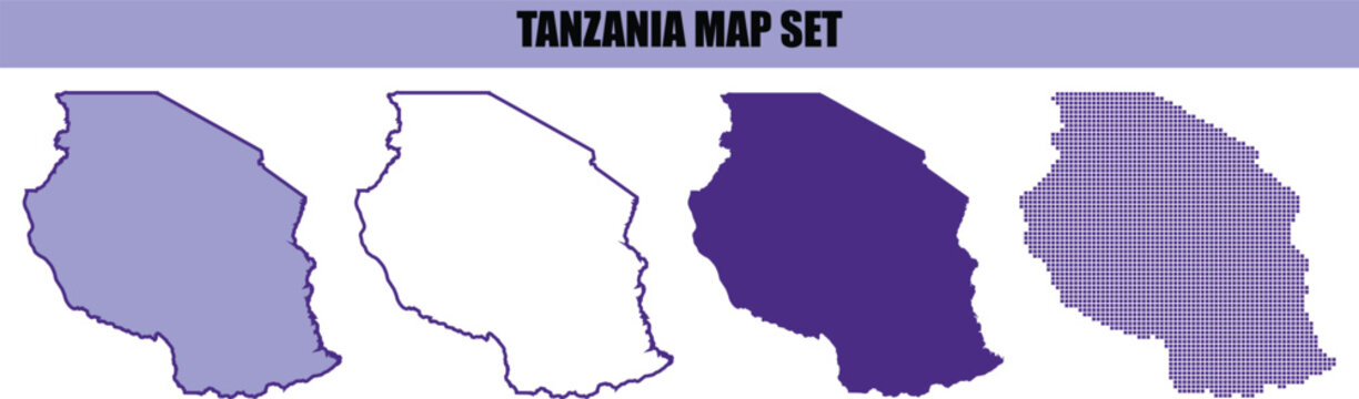 A set of four different stylized map illustrations of tanzania showing various artistic designs and color patterns for graphic design projects