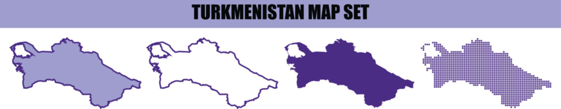 A collection of four different artistic map illustrations of turkmenistan showing various styles including solid colors outlines and striped patterns for design