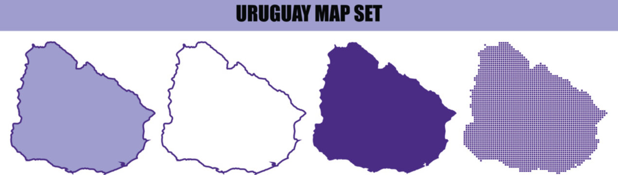 Set of four different map designs of uruguay featuring solid colors outline style and horizontal striped patterns for various graphic design projects