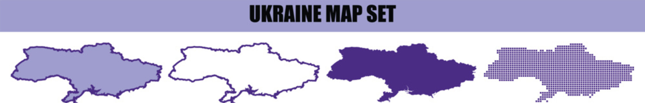 A set of four stylized maps of ukraine featuring different artistic textures including flat blue solid outline sketch dark purple and grid pattern
