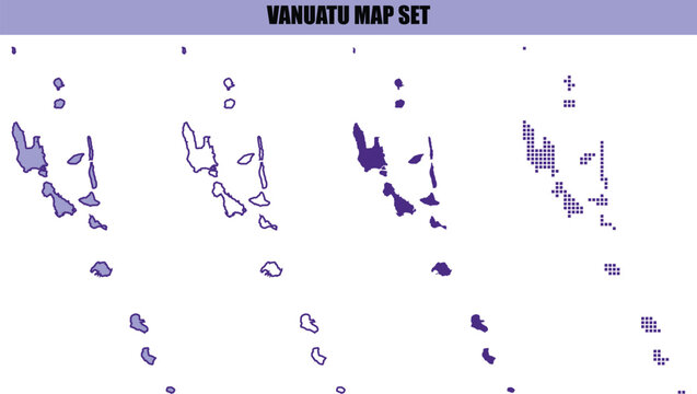 Set of four different map designs of Vanuatu featuring solid colors outline style and horizontal striped patterns for various graphic design projects