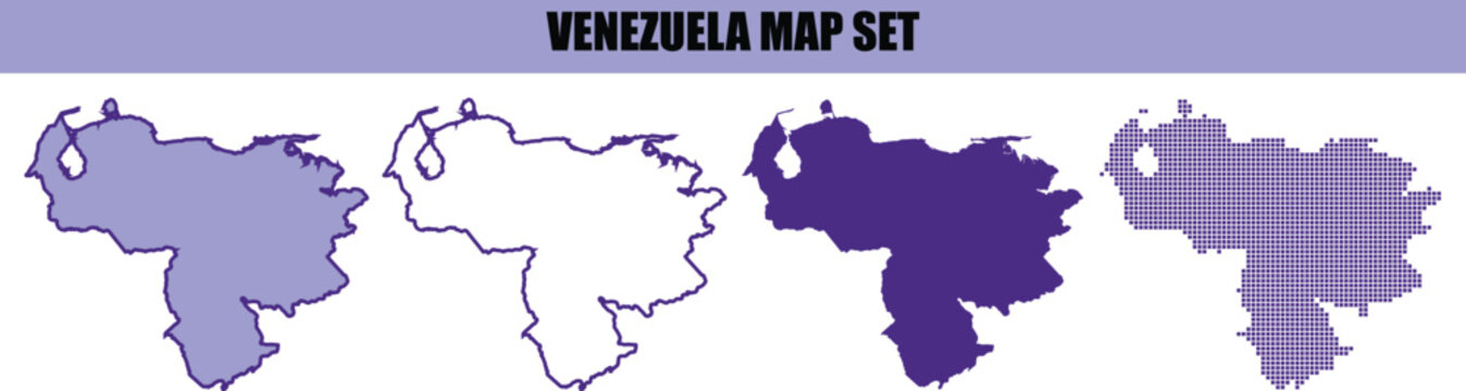 A collection of four different artistic map designs of venezuela featuring various purple color schemes and unique graphical patterns for presentation