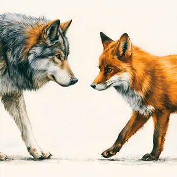 Intense encounter between a majestic gray wolf and a vibrant red fox in a detailed illustration