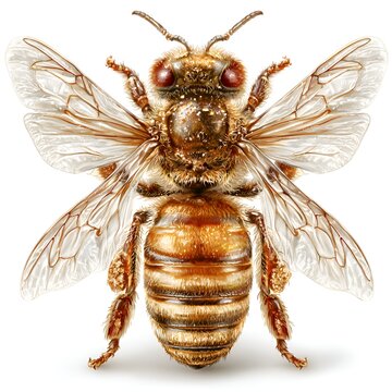 Detailed honey bee illustration, top view, isolated on white background with transparent wings