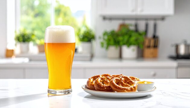 A tall glass of cold golden beer with rich foam stands next to fresh salted pretzels on a bright sunny kitchen counter with nobody around, perfect for Oktoberfest food themes.