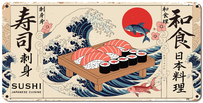 Vintage tin sign attractor decor assorted sushi rolls on wooden platter with waves and fish in traditional style retro Japanese enamel wall plaques, traditional ukiyo-e wave art, seafood posters