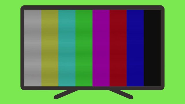 Flat screen television illustration displaying a classic multicolor test pattern calibration screen isolated on green background