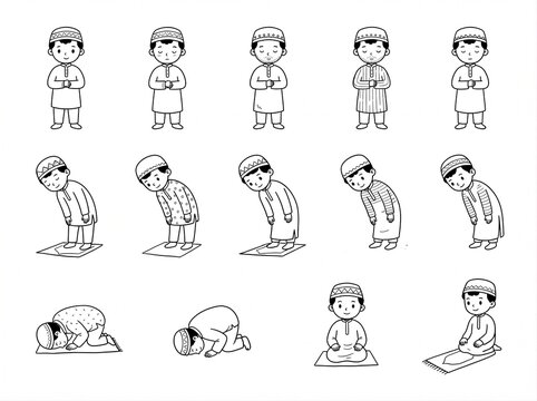Cute cartoon Muslim boy in various Islamic prayer positions
