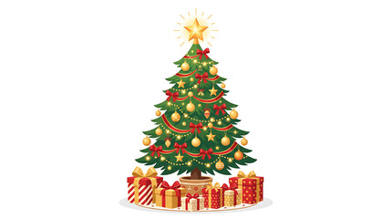 Obraz premium Beautifully decorated Christmas tree illustration with glowing star, colorful ornaments, and many wrapped gifts, symbolizing holiday cheer and festive celebrations
