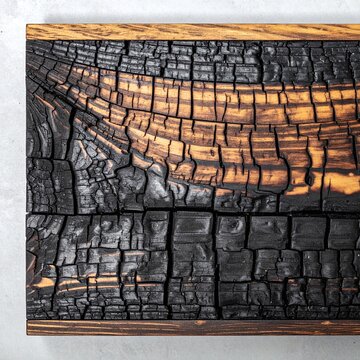 Dramatic closeup of charred burnt wood with rich golden grain, evoking resilience and rustic warmth. Nobody in this striking textured background, perfect for modern design.